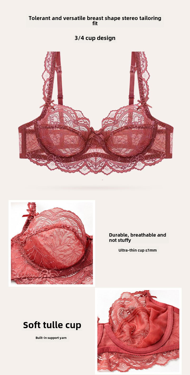 Soutien-gorge transfrontalier en dentelle sexy pour femme, ensemble de sous-vêtements, soutien-gorge push-up fin, grande poitrine_voghion.com