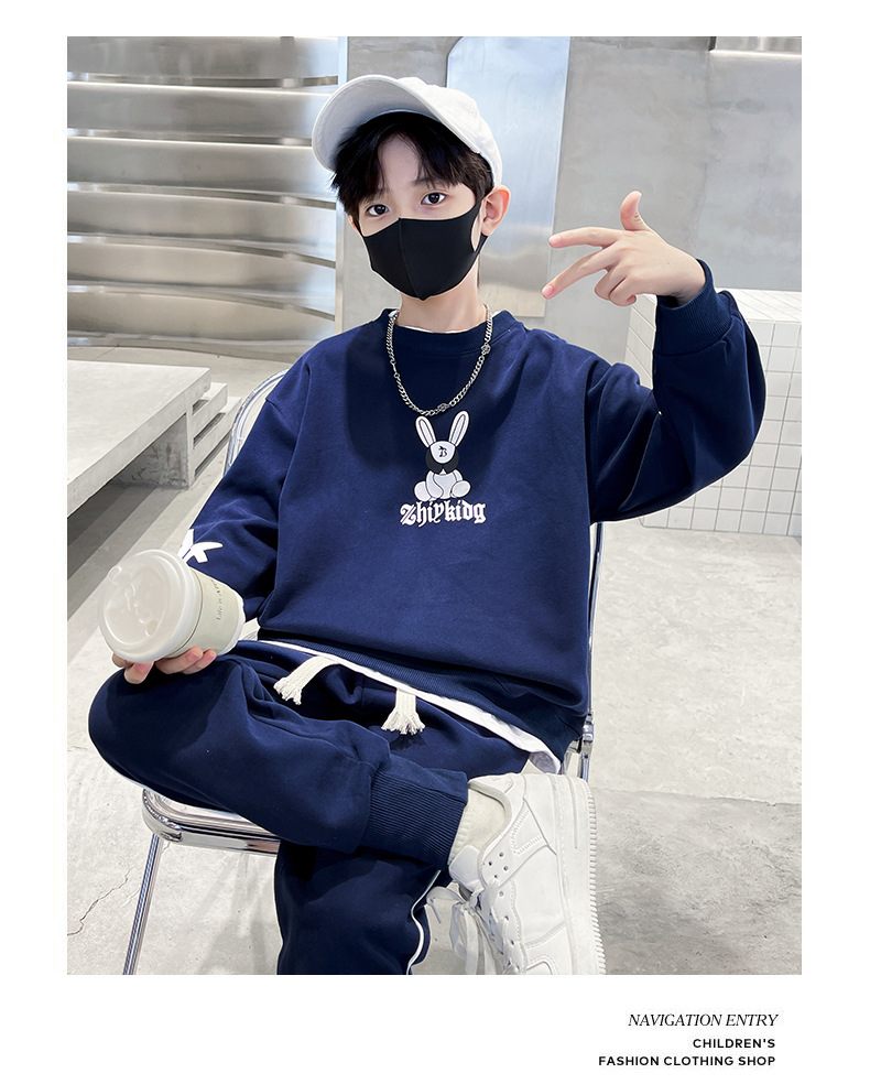 Spring and Autumn Set, Big Boys 2023 New Leisure Children's Rabbit Printed Sweater Two Piece Set Trendy_voghion.com