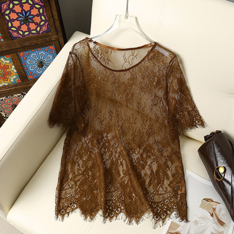Wholesale Summer New Fashion Versatile Stylish Slim-Fit Round Neck Short-Sleeve Lace Top for Women with Hollow-Out Design as a Base Layer