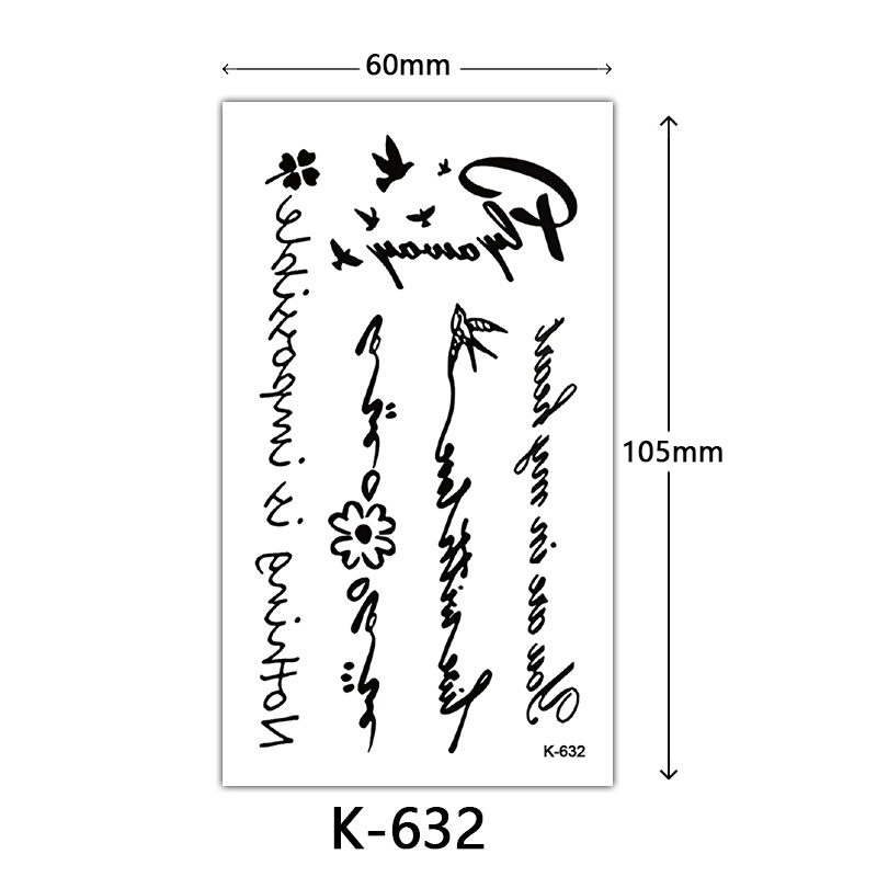 Pequeñas pegatinas de tatuaje frescas letras inglesas flores mariposas líneas de boceto pegatinas de tatuaje impermeables tatuaje