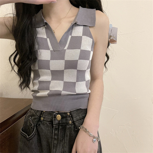 Checkerboard checkered sweater camisole women's summer 2024 short design niche sleeveless POLO collar top