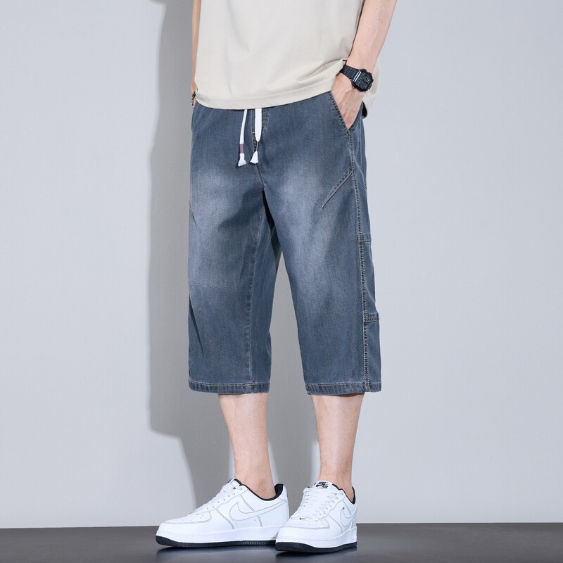 Summer Thin Denim Cropped Pants for Men, Trendy Denim Shorts for Teenagers, Straight-Leg Korean Style Cropped Jeans Summer Thin Denim Cropped Pants for Men, Trendy Denim Shorts for Teenagers, Straight-Leg Korean Style Cropped Jeans