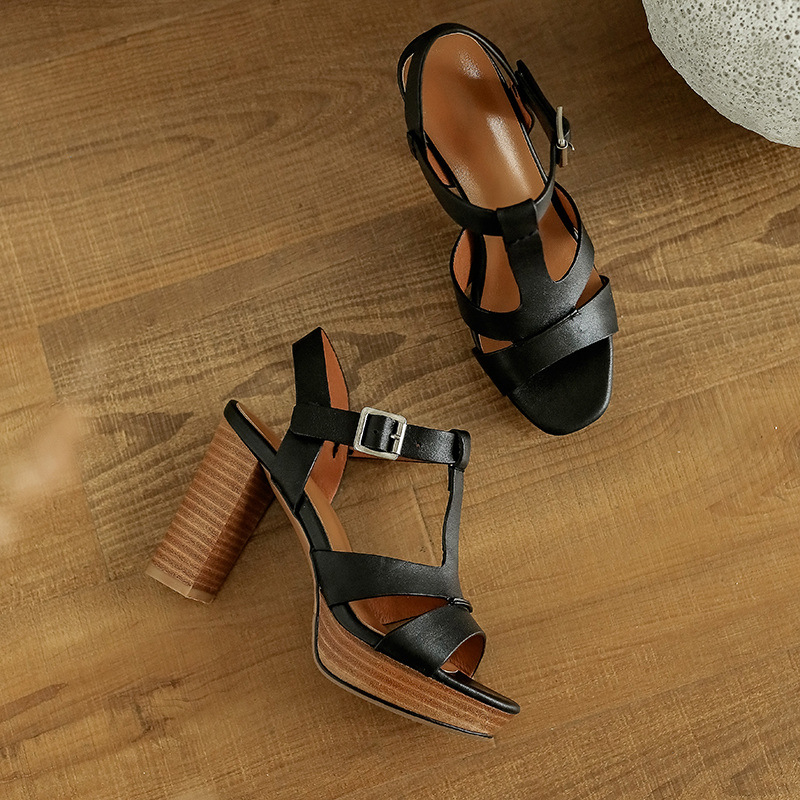 Sandal cao gót hở mũi retro 10 cm quai chữ T gót vuông da bò — Màu nâu chi tiết 17
