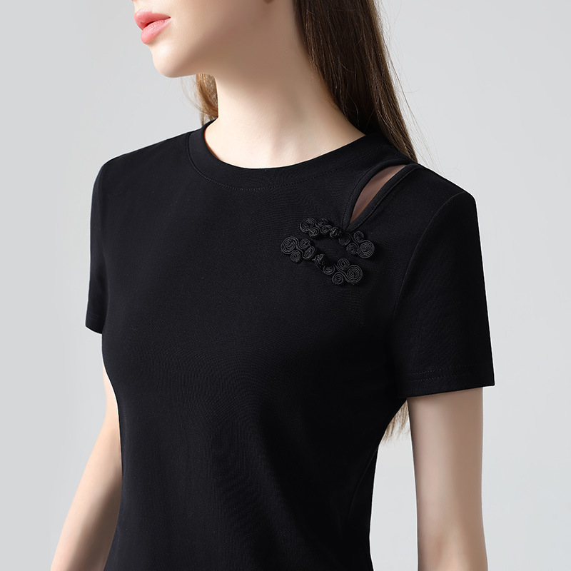 Nueva camiseta china de manga corta mujer 2025 nueva mujer retro hebilla de disco color sólido camiseta de algodón diseño sentido camisa hueca
