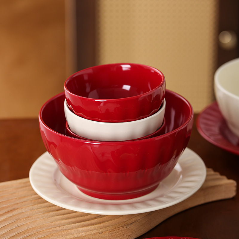 新婚新居高級赤い陶器食器と食器セットボウル家庭用ボウル個人用ディナープレートインスタントラーメンボウル|undefined