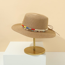草帽波西米亚平檐平顶爵士帽子女夏季出游遮阳防晒帽平顶草帽女