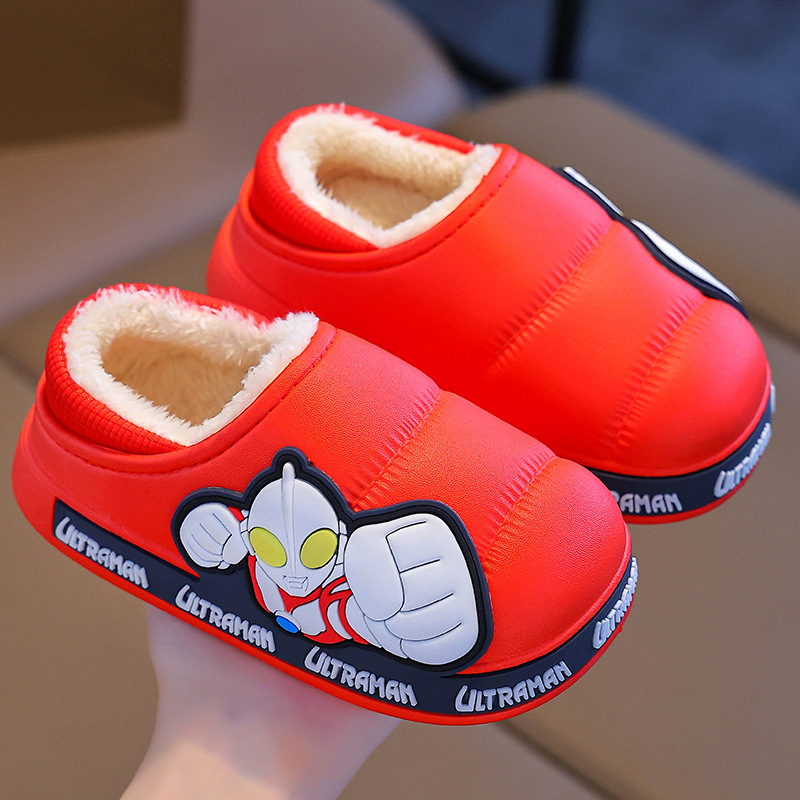 Zapatillas de algodón para niños Ultraman invierno para niños antideslizantes para el hogar calentamiento de lana impermeable para niños grandes zapatos de algodón