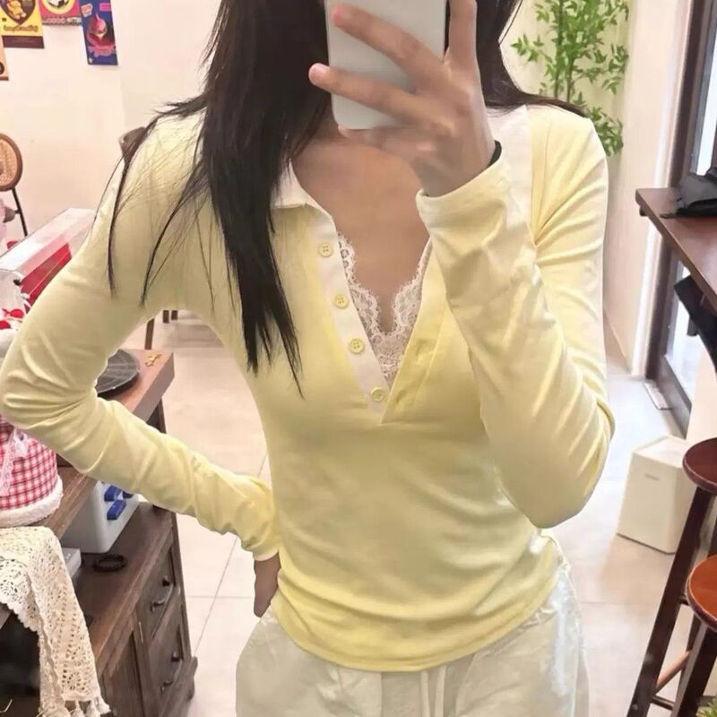 Gentle Korean-style polo collar lace patchwork long-sleeve T-shirt for women, early autumn, two-piece design, slim-fit top, trendy