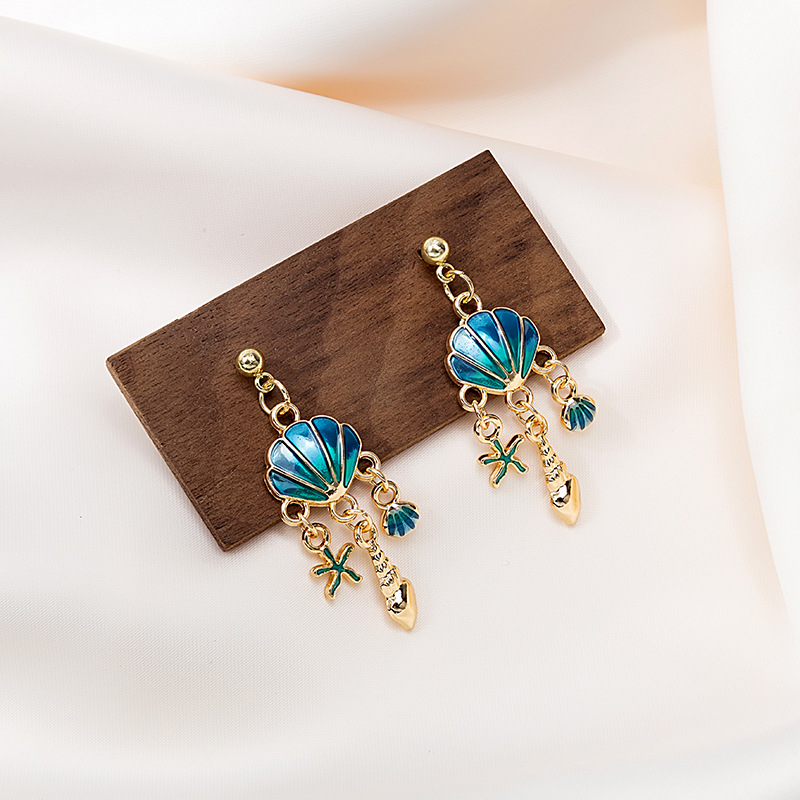 Fashion Ocean Series Blue Shell Star Asymmetric Alloy Drop Earrings display picture 2