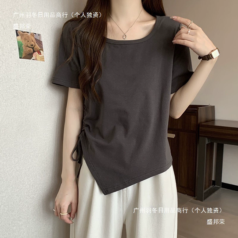 Женская летняя футболка больших размеров с короткими рукавами и неровным правым плечом, закрывающая живот и утягивающая фигуру, милый и пряный уличный топ на шнурке