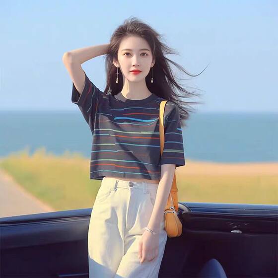 Summer Korean-style Chic Unique Chic Beautiful Top Loose All-match Slimming Blue Striped T-shirt for Women