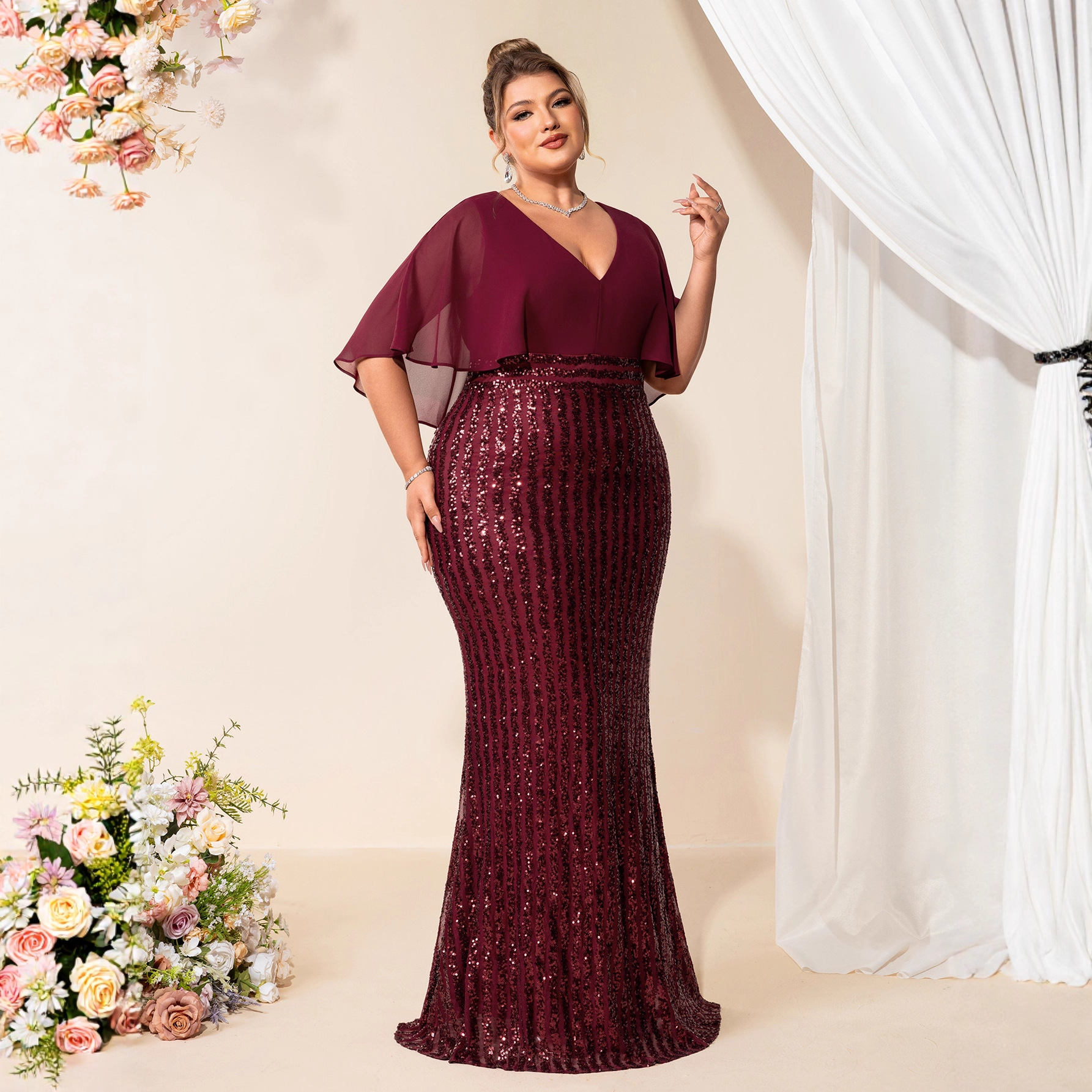 25 New Autumn and Winter Women's Chiffon Splicing Sequin V Neck Mid-Waist Short-Sleeved Elegant Work Clothing Banquet Large Size Evening Dress