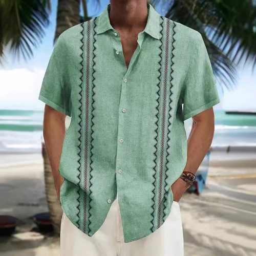 Summer Men 3D Print Short Sleeve Shirt Striped Loose Men's Top Mid-Blue Men's Shirt
