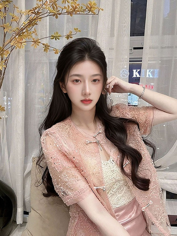 Áo thêu hoa acetate phong cách Trung Quốc mới mùa hè 2026, đính sequin và hạt cườm nặng — Áo màu hồng