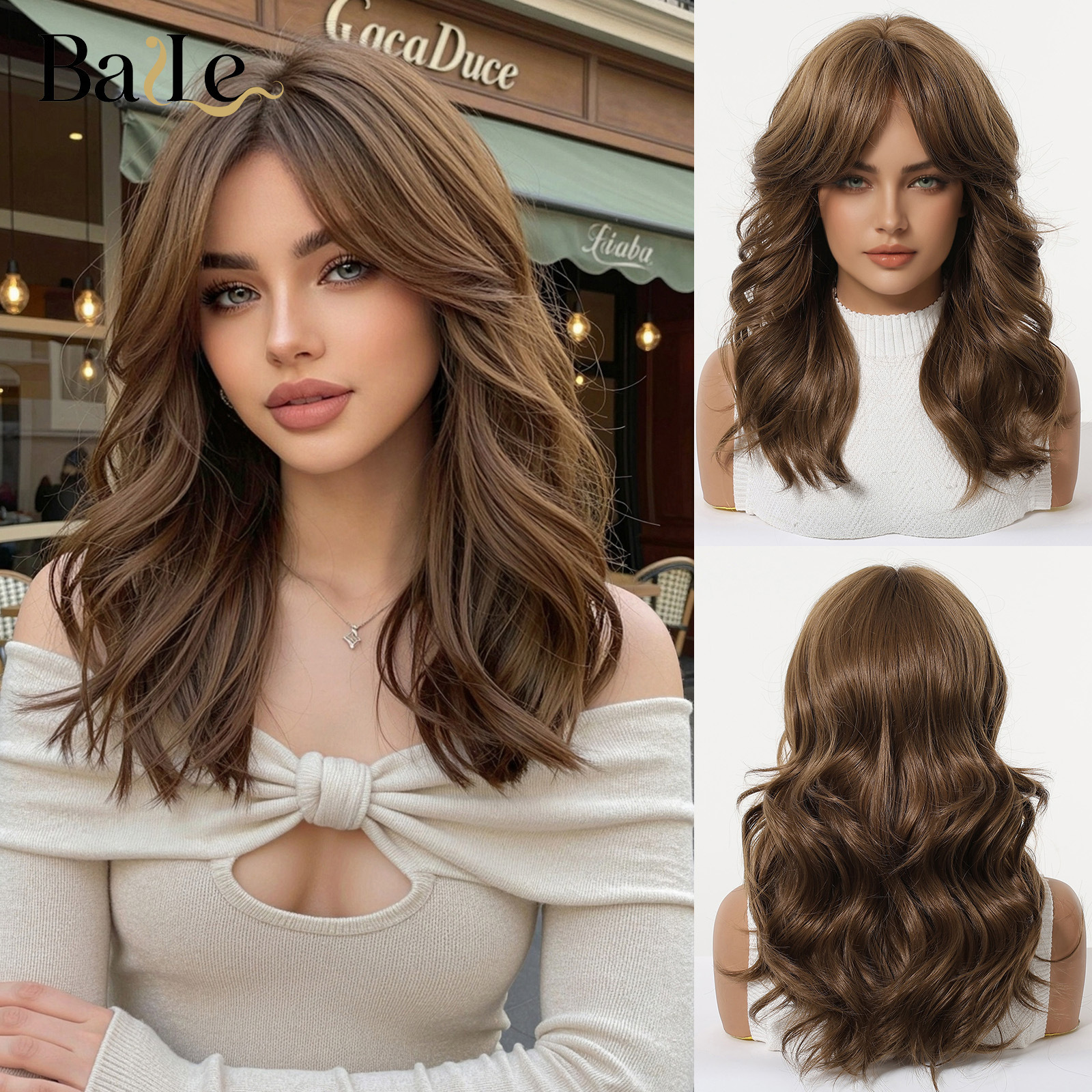Peruca de cabello para mujer, cabello marrón medio largo rizado de 16 pulgadas, modelo de franja de seda de alta temperatura, exclusivo transfronterizo