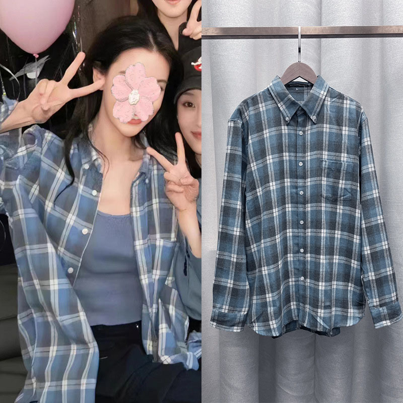 Yang Mi Yang Ying baby Birthday Blue Plaid French Design Niche Shirt Jacket Women's 2023 New Yang Mi Yang Ying baby Birthday Blue Plaid French Design Niche Shirt Jacket Women's 2023 New