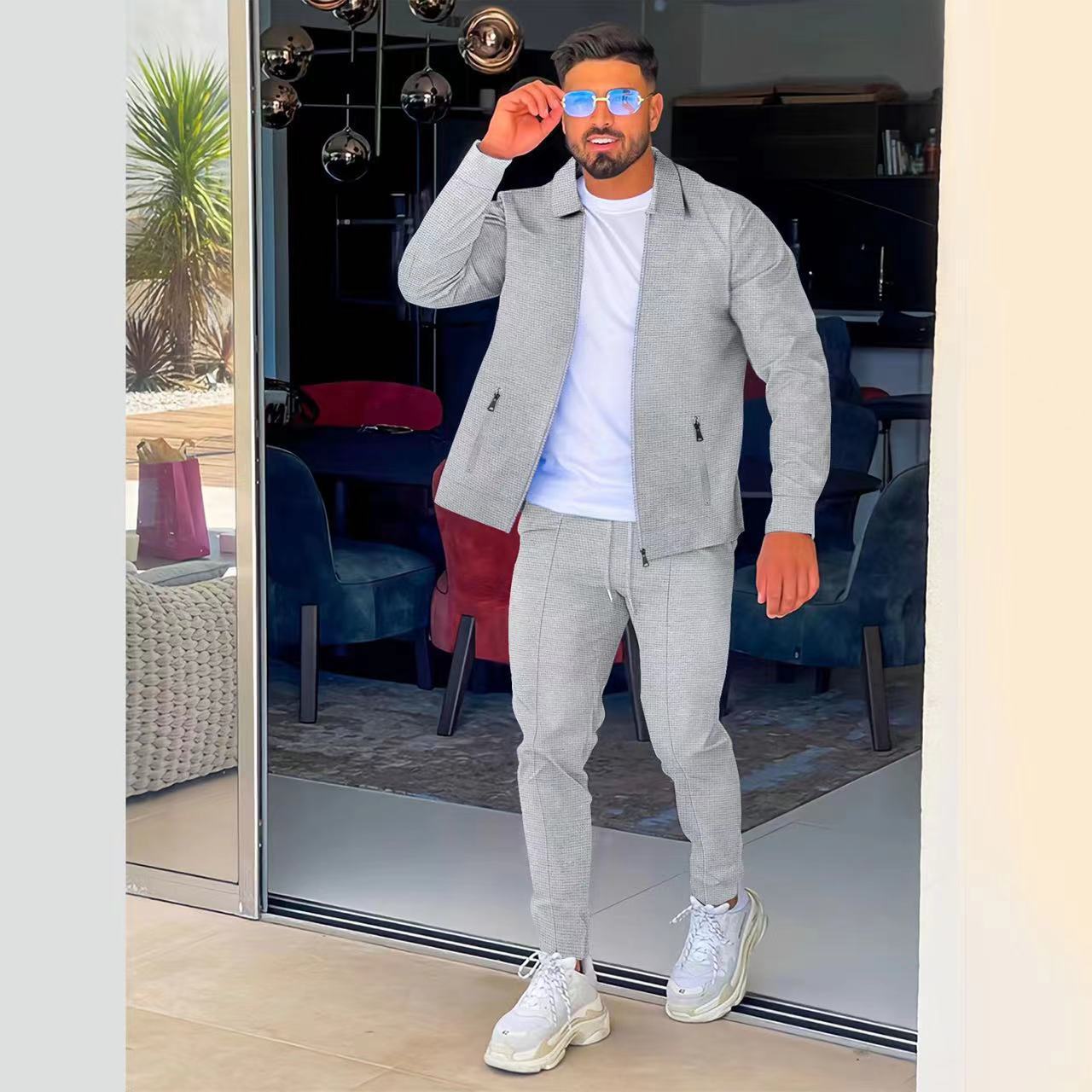 Men's Waffle Solid Color Lapel Casual Outdoor Jacket And Trousers Set Long Sleeved Elegant Basic Polyester Spring Summer Autumn_voghion.com