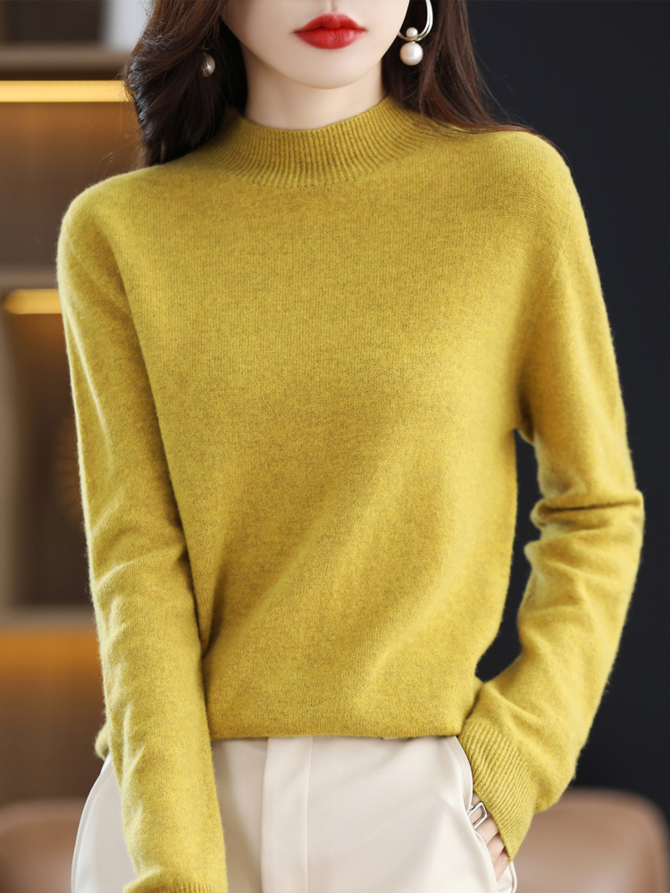 [Compra exclusiva] medio cuello alto sin costuras 100 suéter de lana de primera línea de las mujeres listo para usar camisa de fondo Jersey suéter de cachemira