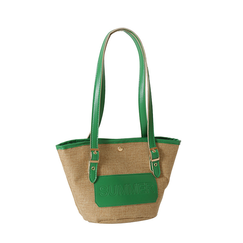 Women's Straw Woven Fabric Shoulder Tote Bag Summer Style Beach Seaside Travel Vacation Bag Medium PU Leather Zippered Tote_voghion.com