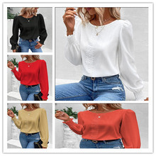 2023新款亚马逊wish欧美跨境女装圆领花边休闲纯色衬衫 跨境现货