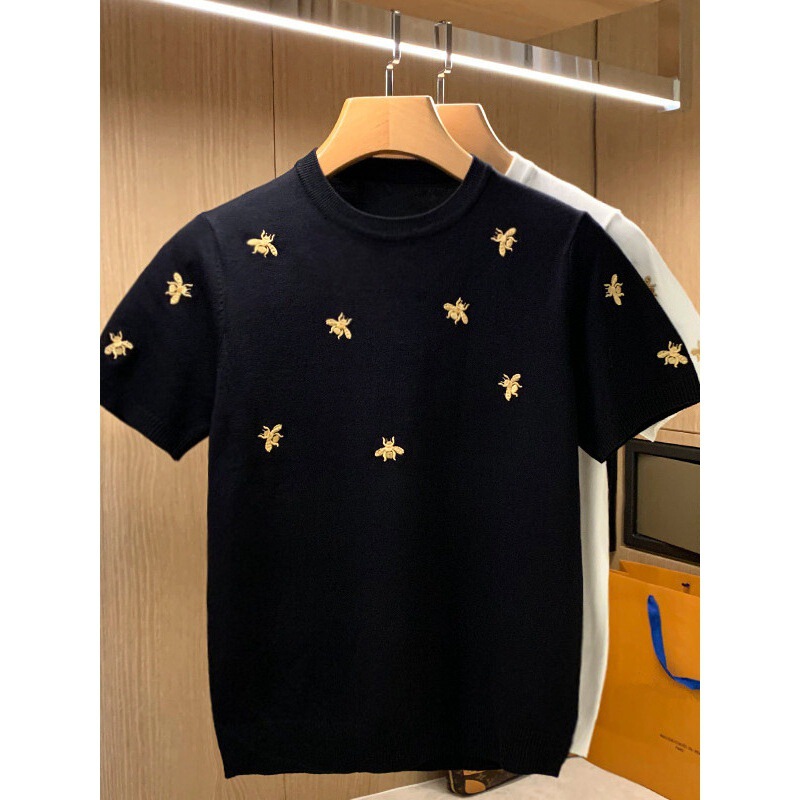 European Station Trendy Knitted Short-sleeved Men's Summer Trendy Brand Personalized Small Bee Embroidery Light Luxury Round Neck T-Shirt for Men
