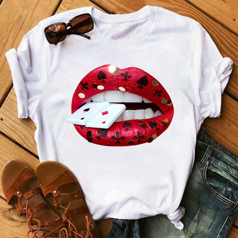 Spring Summer Summer New AliExpress Sexy Sequins Lips Trend Cartoon Base Shirt Cute Factory Large Size T-shirt