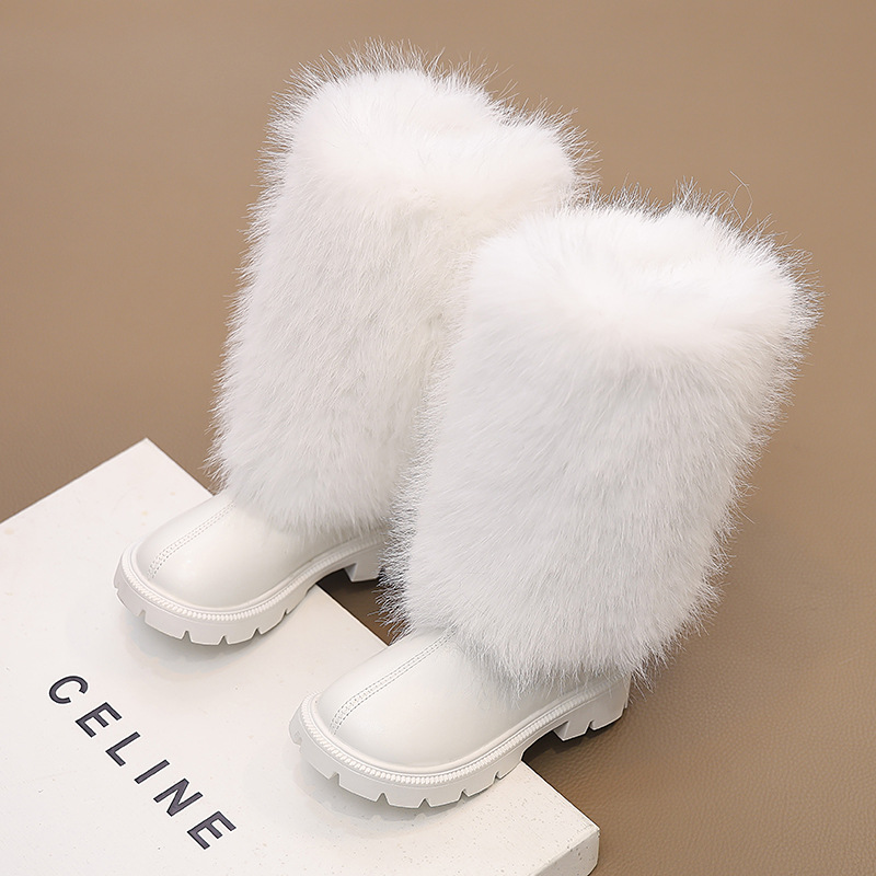 Girls' Martin Boots 2025 New Spring and Autumn White Furry Early Autumn Boots Long Boots Model Performance Catwalk Children's