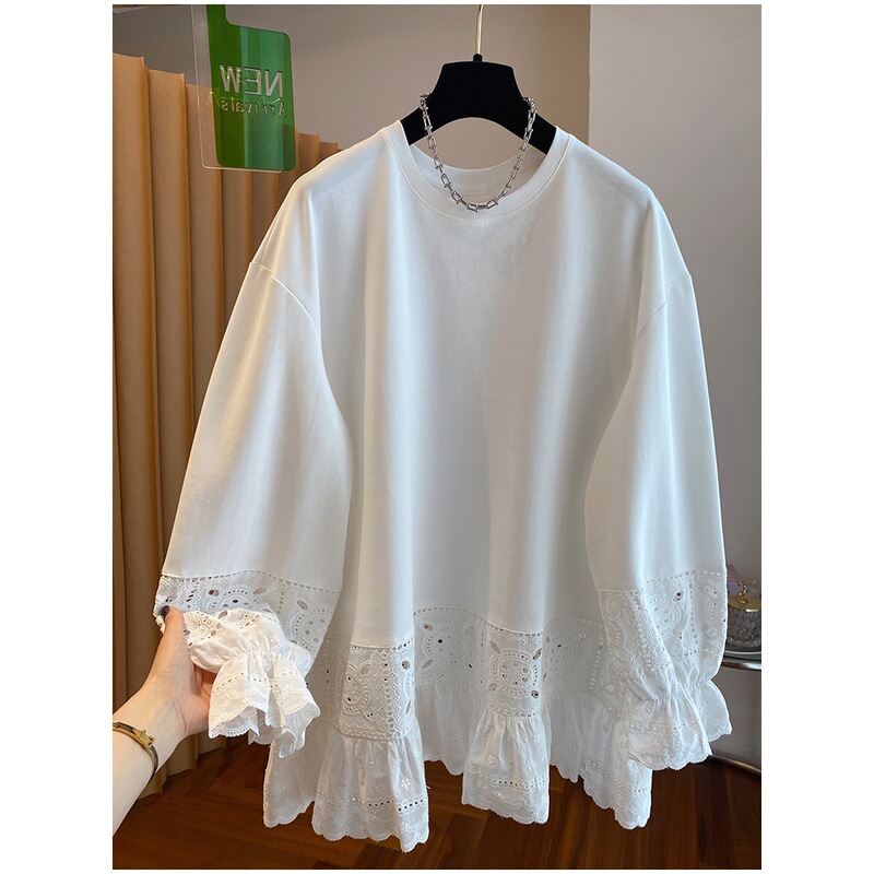 [Fat Girl] Korean White Cut Out Lace Crocheted Long-Sleeved T-Shirt for Women in Autumn and Winter New Loose Slimming Look Top