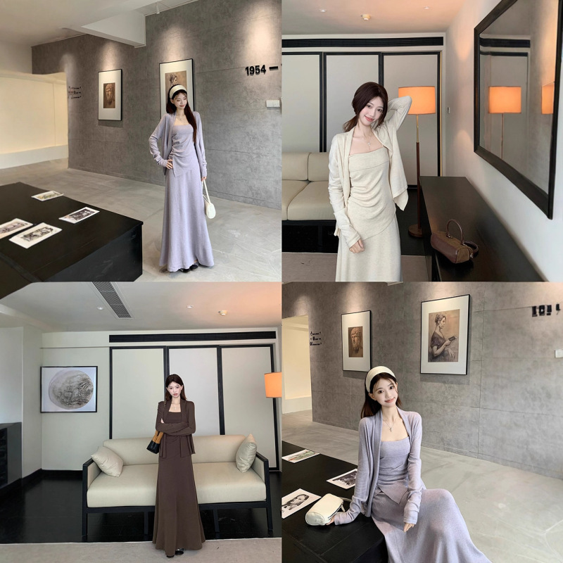 温柔风抹胸褶皱背心长袖开衫外套高腰半身裙女2025秋季新款套装潮|undefined