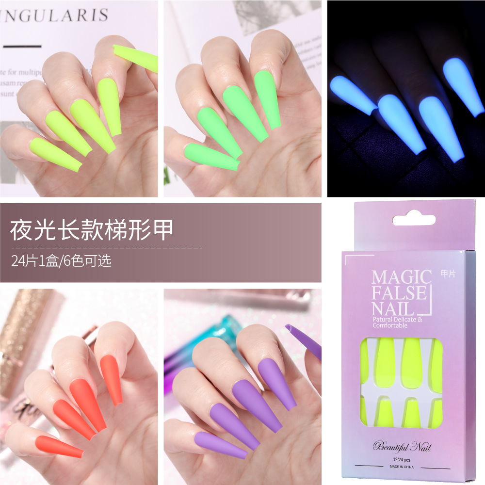 Nueva pieza de esmalte de uñas de desgaste de ballet largo luminoso transfronterizo terminado parche de uñas esmerilado pegamento jalea pieza de uñas falsas