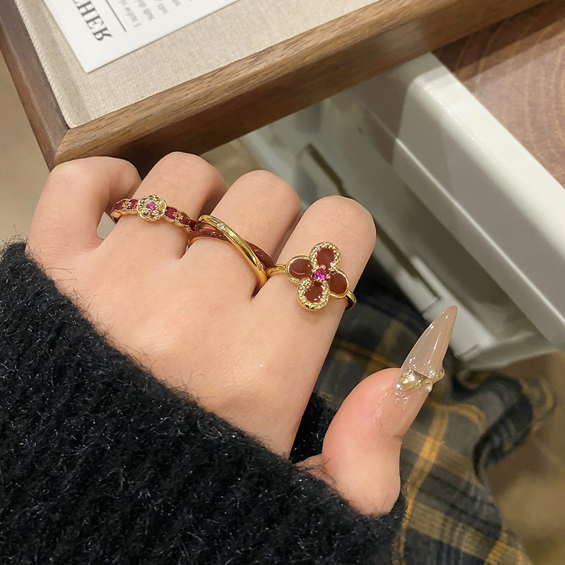 復古安可拉紅撞色滴釉琺瑯戒指女氣質高級感食指戒輕奢小眾指環潮