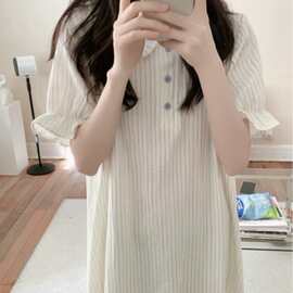 韩国ins女士夏季新款可爱娃娃领公主风条纹纱布睡衣家居服睡裙女