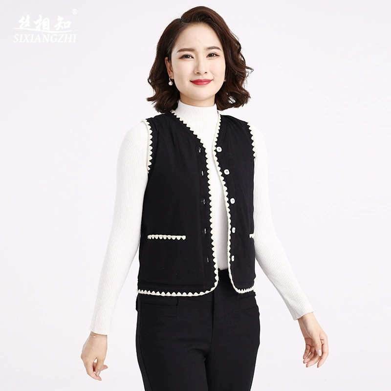 Осенне-зимний жилет из шелка тутового дерева с двойным карманом Изысканный край Простой атмосферный теплый носимый жилет для матери в западном стиле