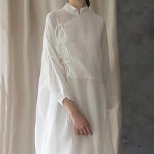 白色苎麻连衣裙女宽松森系中式中国风文艺衬衫裙2024夏季新款女装