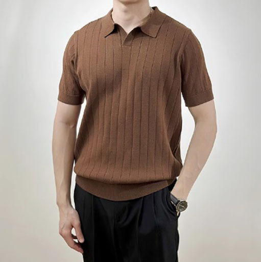Camisa POLO suéter de manga corta con cuello en V para hombre, rayas verticales, negocios británicos, delgado, seda de hielo de verano, comercio exterior, venta al por mayor transfronteriza image 11