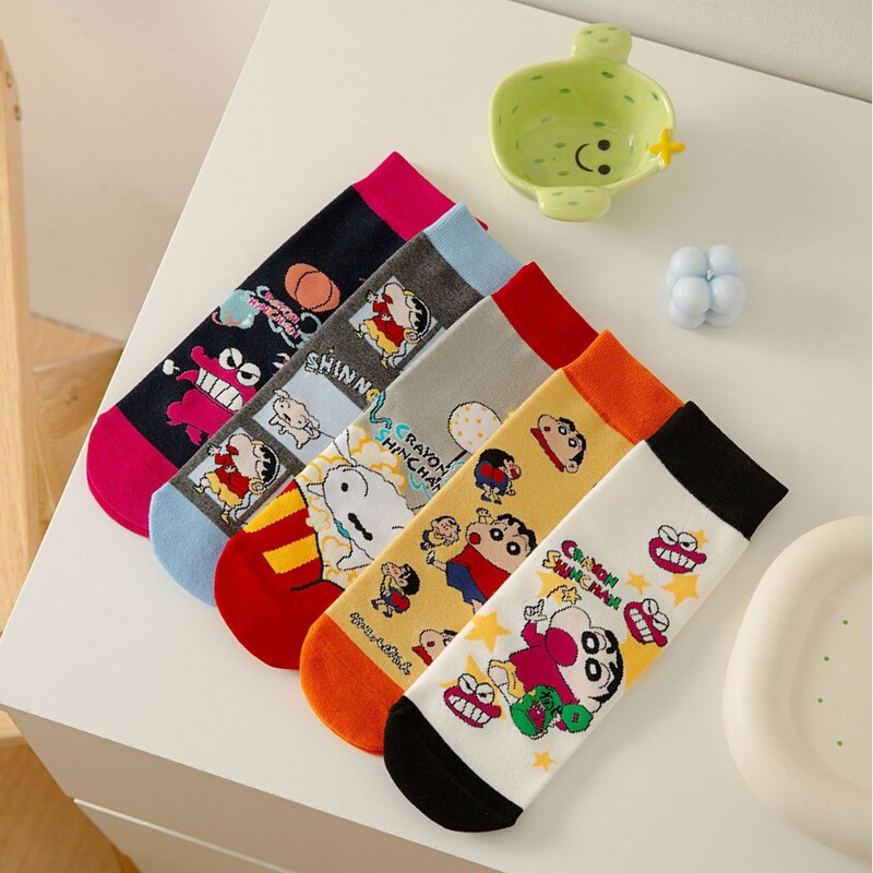 Cartoon Mid-Calf Socks for Women Autumn Wholesale Cotton Socks Knitted Seamless Crayon Shin-Chan Cute Anime Japanese Style Straight Socks