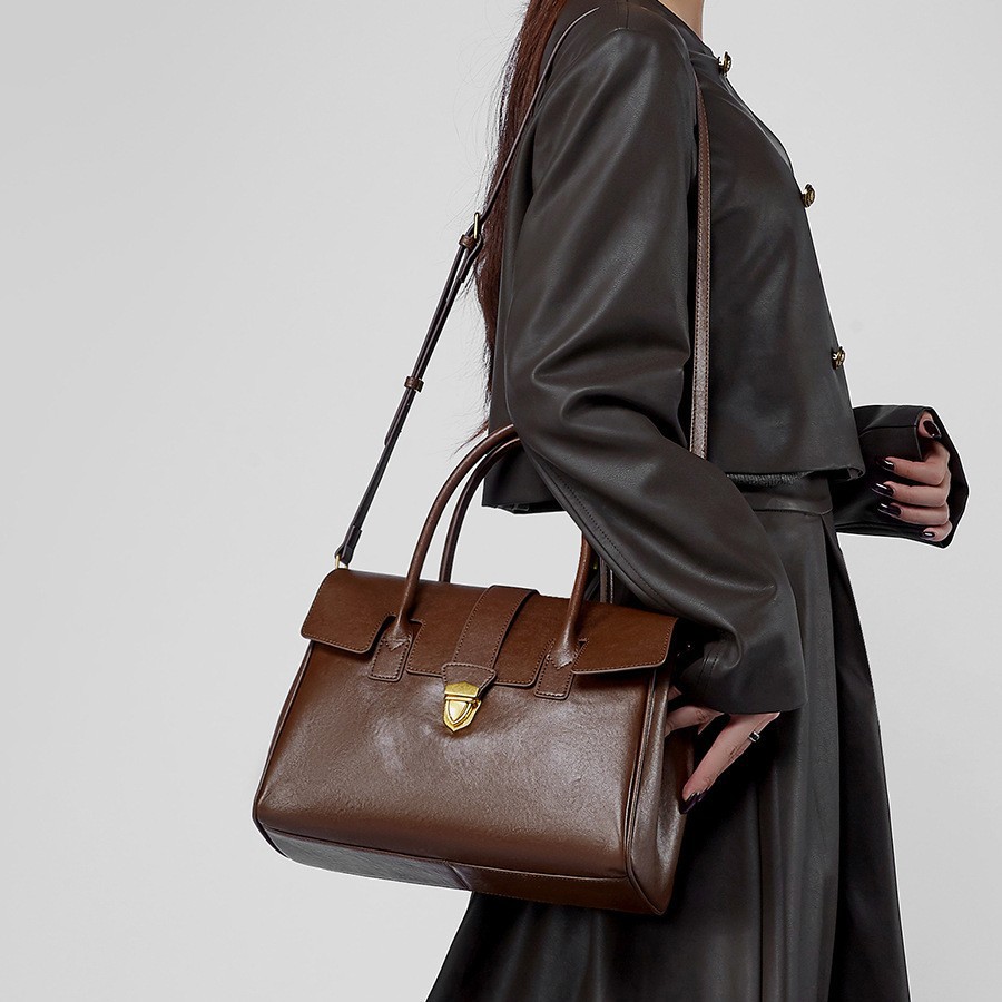 Vintage Genuine Leather Tote Bag New Cross-Border Vegetable-Tanned Cowhide Large Capacity Briefcase For Women Business Travel And Commuting - Thumbnail 4