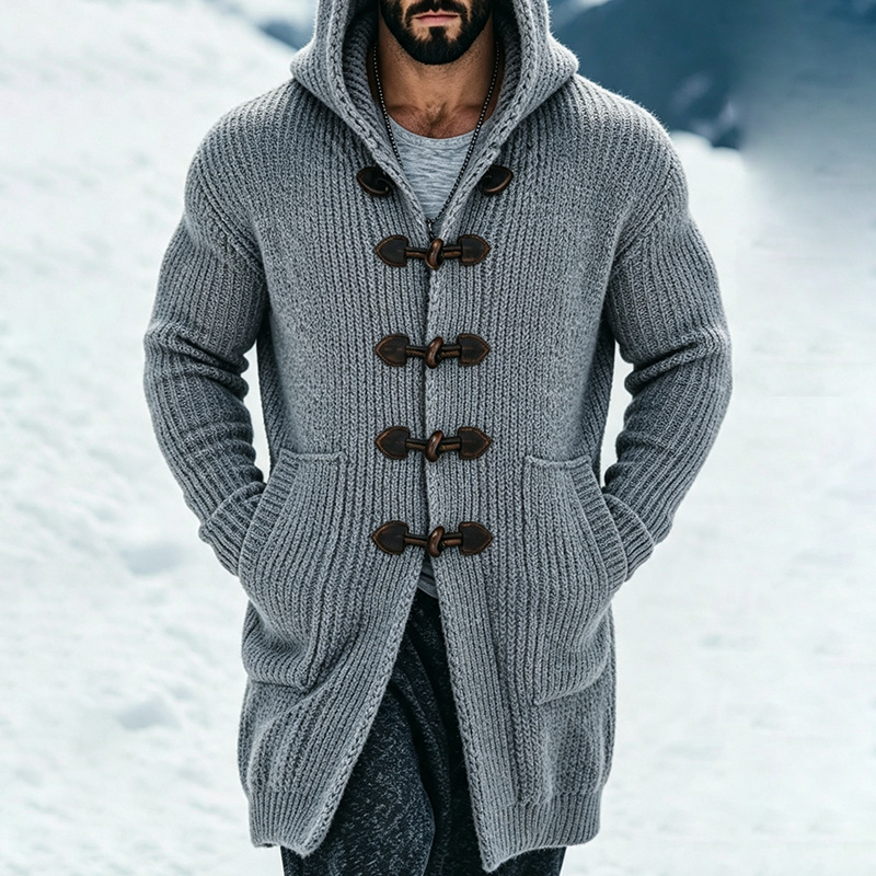 European and American cross-border e-commerce: new autumn/winter collection of men's outdoor casual hooded, buttoned, mid-length knitted outerwear