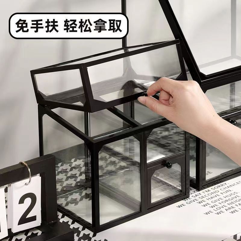 玻璃化妆品收纳盒ins风网红展示柜桌面防尘储物口红透明置物批发|undefined