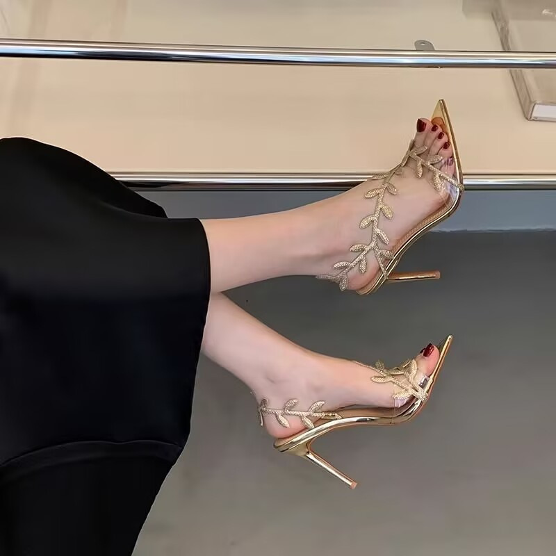 2025 Summer New Style Gold Leaf Pointed Toe Sandals for Women with Stiletto Heels for Outer Wear, Internet Celebrities, Good Matching High Heels for Women