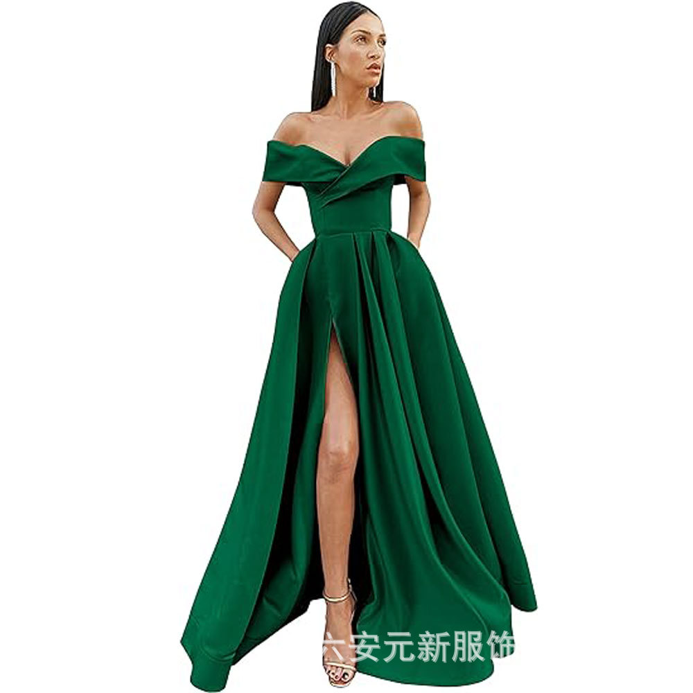 Amazon Comercio exterior fuera del hombro prom vestido de noche largo split sexy Fiesta de las mujeres vestido de banquete