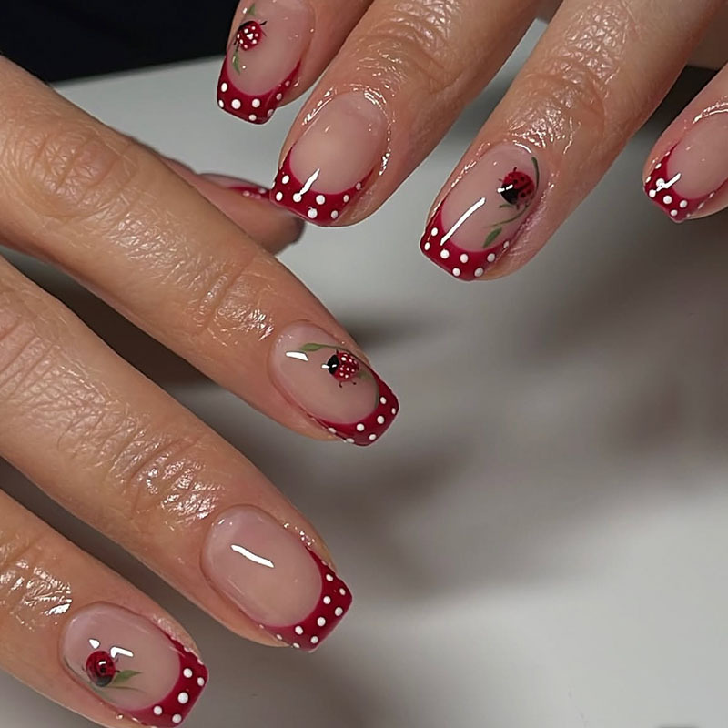 Short Square Red French Nails with White Polka Dots, Cute Ladybug Fake Nails, Gentle Autumn and Winter Wearable Nail Pieces Short Square Red French Nails with White Polka Dots, Cute Ladybug Fake Nails, Gentle Autumn and Winter Wearable Nail Pieces