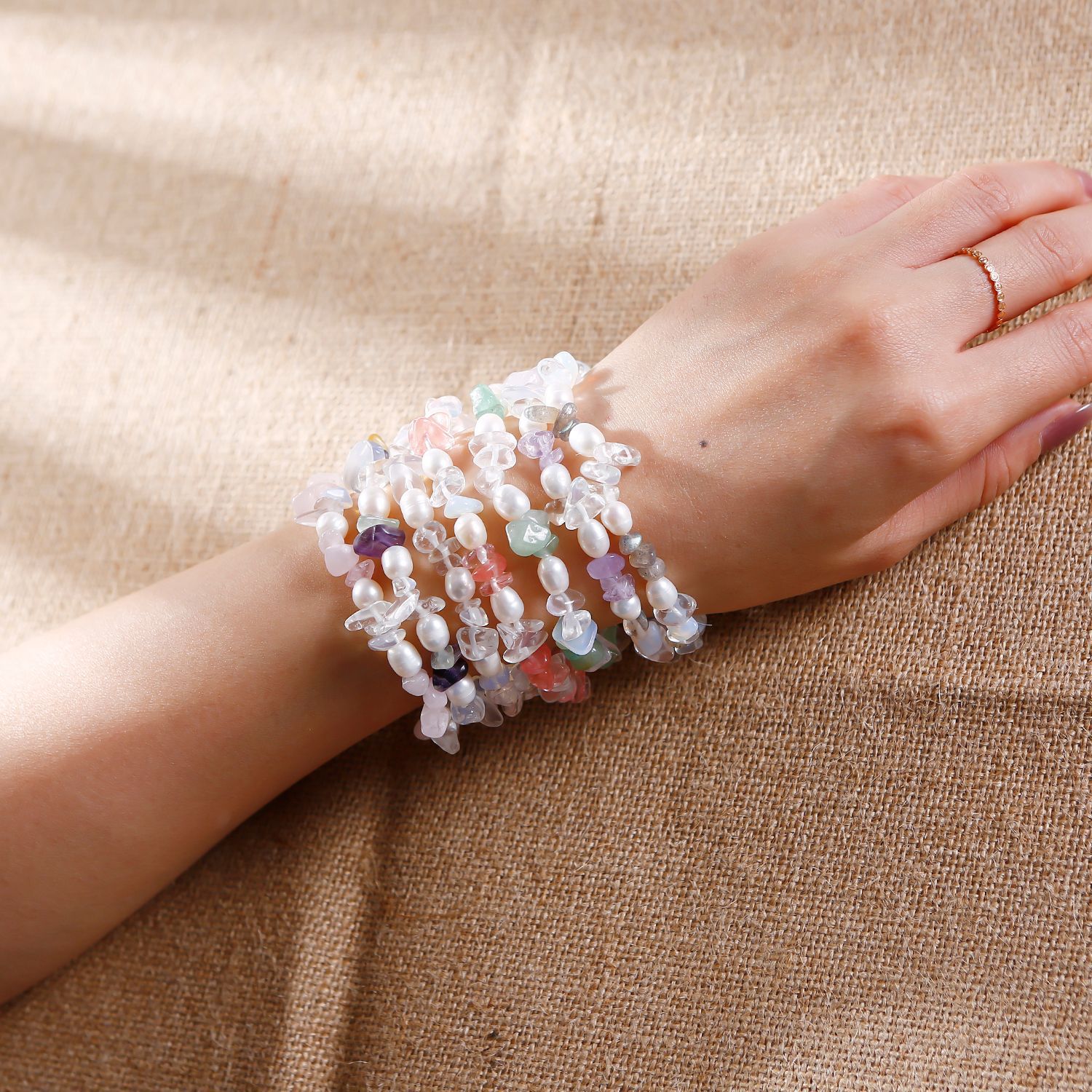 Cute organic beaded bracelet pearl with rhinestones natural stone