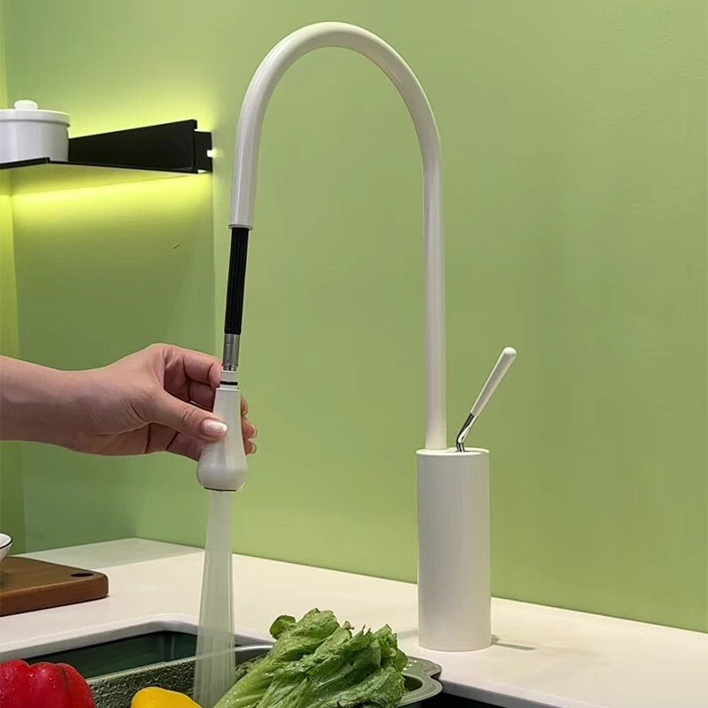 Cross-Border Cream White Stainless Steel Water Drop Kitchen Pull-Out Rotating Universal Faucet Sink Dish Basin Hot and Cold Faucet