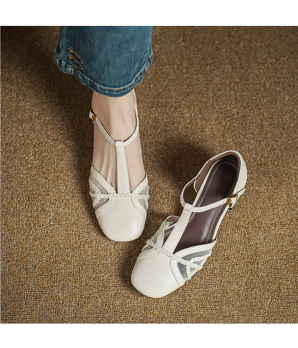 Giày sandal cao gót nữ hở mũi da cừu lưới gót vuông quai chữ T — đen chi tiết 5