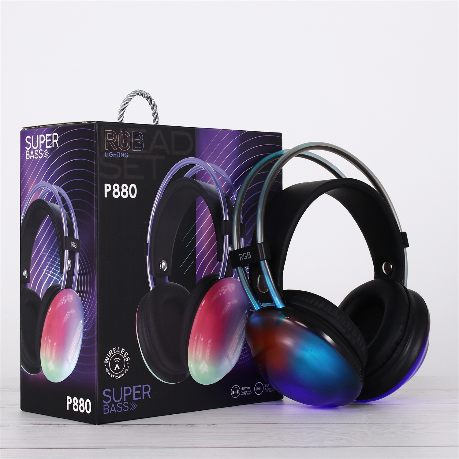 Nuevo auricular Bluetooth montado en la cabeza transfronterizo, auricular inalámbrico RGB luminoso de graves pesados, duración de la batería ultralarga y reducción de ruido