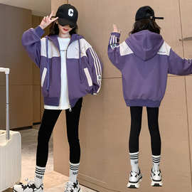 女童春季绣花M拉条外套2024新款大儿童洋气休闲连帽夹克风衣春装9