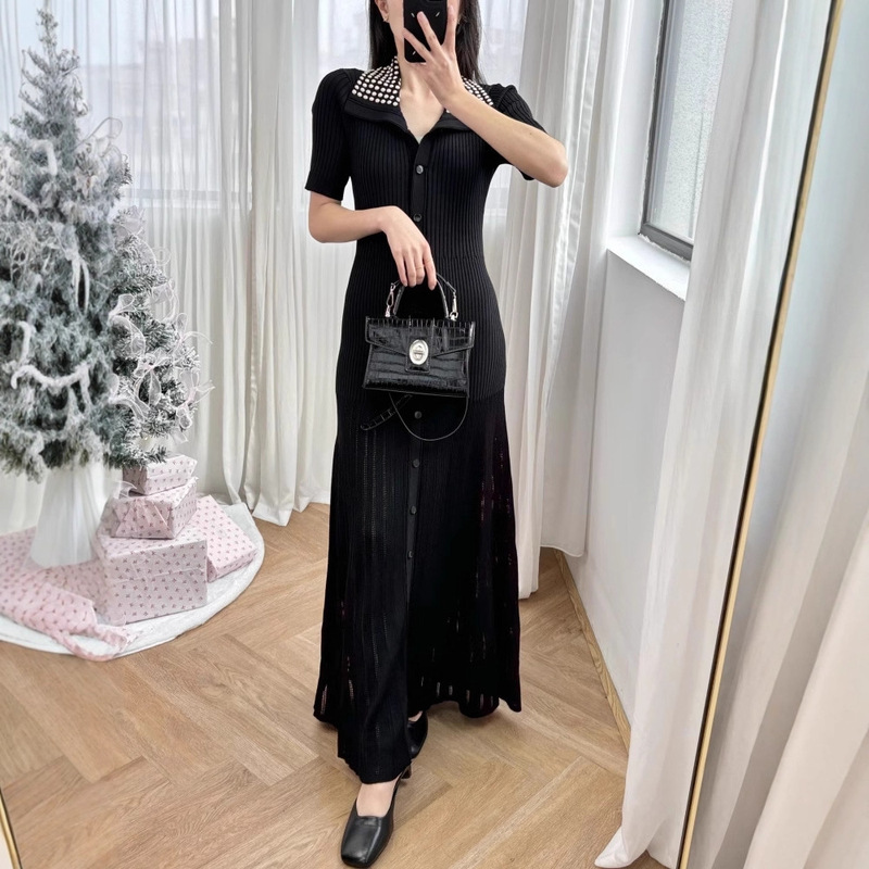Cross-Border Summer New Style Short-Sleeved Long Knitted Dress with Heavy Beading and Lapel Design, Black Commuter Long Dress