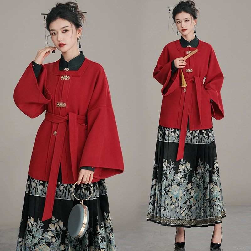 9670 Зимний Рождественский новогодний халат Женское удлиненное красное шерстяное пальто Новогодняя одежда Домашняя свадебная одежда Одежда для тостов