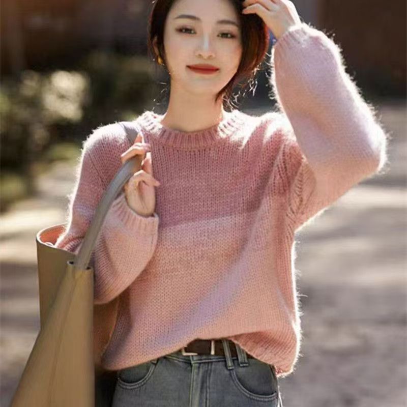 【 Cashmere Family 】 Round neck short wool base sweater women's color blocked loose plus thick knit inner layer_voghion.com